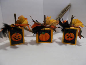Primitive Folk Art Wooden Pumpkins Scary Happy Fall Halloween Decor Handmade
