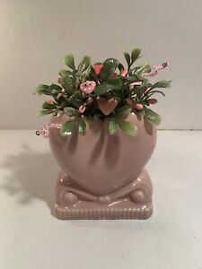 Valentine Vtg Button Bokay Heart Planter Rustic Country Cottage Chic Home Decor