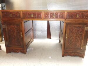 Chinese Asian Hardwood Rosewood Marble Stone Top Desk