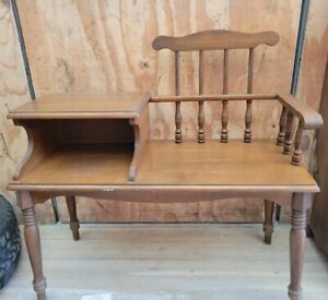 Vintage Antique Gossip Bench Telephone Seating Wood With Attached Seat
