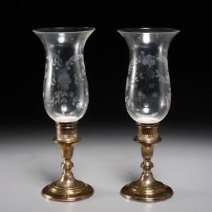 Redlich Sterling Silver Weighted Candlestick Holders Etched Hurricane Glass 2pc