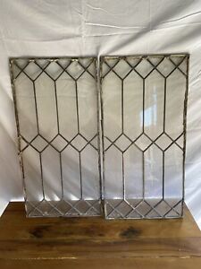 Pair Antique Victorian C 1900 Beveled Stained Glass Window Heavy Glass 28x14