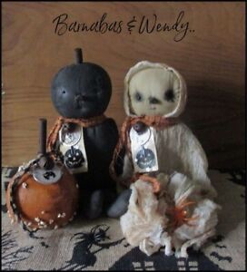 Primitive Aged Wendy Ghost Barnabas Black Pumpkin Doll Halloween Fall Decor