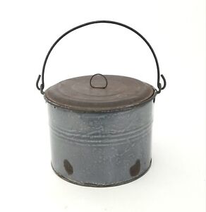 Antique Country Farmhouse Enamel Berry Bucket Original Lid And Bail Handle