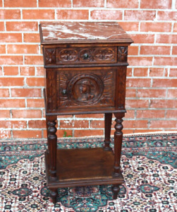 French Antique Carved Oak Britany Nightstand