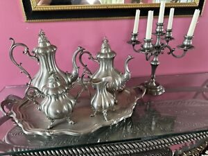 Reed And Barton Winthrop Antique Pewter Tea Coffee Set Tray Pumpkin Candlestick