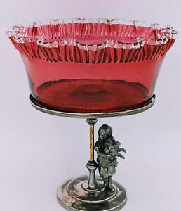 Victorian Meriden Britannia Silver Plate Figural Cranberry Glass Brides Basket