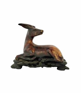 Deer Figurine Carved Soapstone On Wooden Base Stag Statue Vintage Oriental Decor