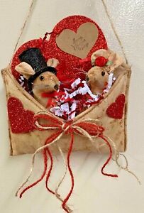 Mice Heart Envelope Primitive Farmhouse Bowl Filler Valentines Hanger