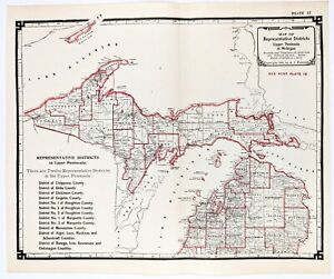 1905 Upper Peninsula Map Keweenaw Mackinac Sault St Marie Alger Gogebic Delta