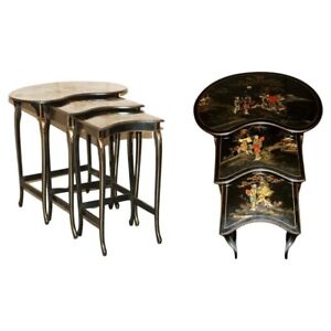 Nest Of Three Circa 1900 Chinese Chinoiserie Lacqurered Side Kidney Tables