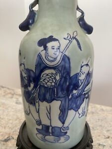 Antique Chinese Celadon Glaze Porcelain Vase W Cobalt Boys Handles Crackle