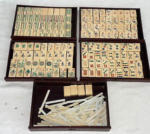 Antique Mah Jong Set 148 Tiles Dovetail Wood Scrimshaw Bos Taurus Bone Sticks