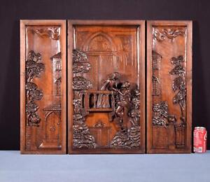 25 Tall Set Of Three Antique French Solid Walnut Panels Romeo And Juliet Theme