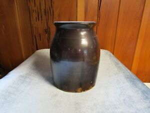 Primitive Large Stoneware Open Jar Or Crock Albany Slip Glaze Incised Decoration