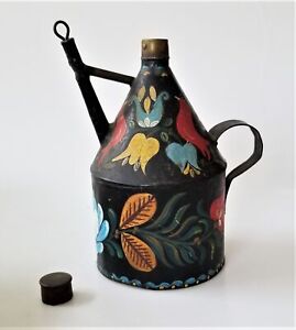Antique Tole Tin Oil Can Bird Tulip Design Pennsylvania Dutch Painted Aafa