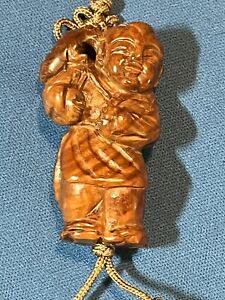 Carved Wooden Chinese Man With Pet Pendant Necklace