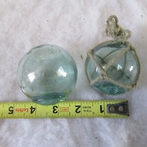  2 Vntg Blue Glass Fishing Float 2 2 1 2 Japan With Mark With Net Lot 26