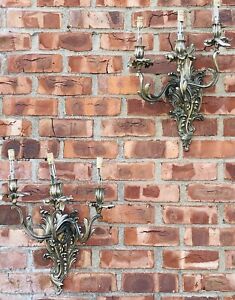 Circa 1900 Silver Gilt Bronze French Rococo Three Candle Wall Sconces Wired