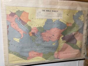 Linen Backed Vintage Roll Up Map The Bible World Abingdon Cokesbury Press 55x44