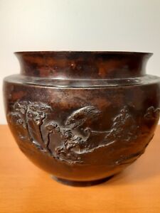 Antique Japanese Bronze Vase With Birds And Trees In High Relief Early 20th C 