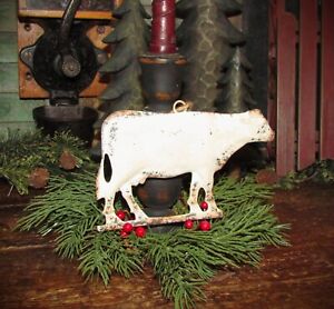 Prim Antique Vtg Style Country Dairy Farm Milk Cow Embossed Hanging Tin Ornament