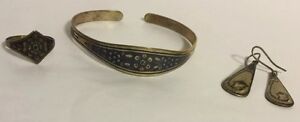 Antique Vintage Russian Soviet Silver 875 Niello Bracelet Ring Earring Set
