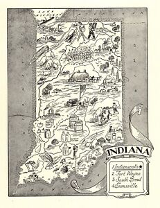 1950s Vintage Indiana State Map Animated Indiana Picture Map Decor Bw 1107