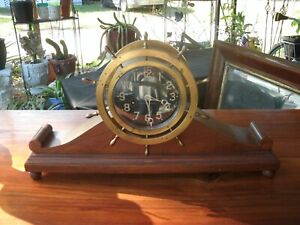 Antique Waterbury Brass Ships Wheel Clock With Key Runs Great Mahogany Base