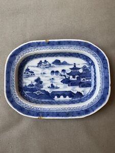 1800 S Chinese Hand Painted Blue White Porcelain Rectangular Trinket Curio Dish