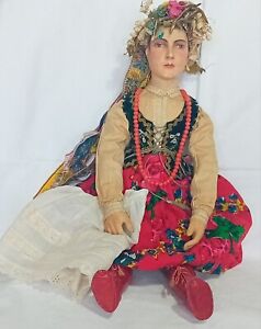 Exceptional 1930s 45 Cm Wood Cloth Antique Polish Costume Doll Work Of Art Wpa