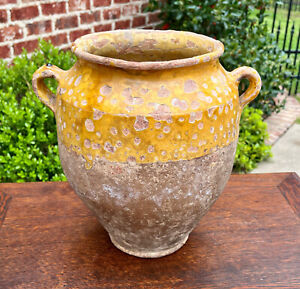 Antique French Country Confit Pot Pottery Jar Jug Glazed Yellow Ochre Large 1