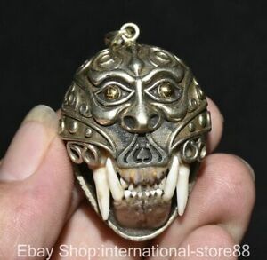 2 Old Chinese Miao Silver Bone Tooth Feng Shui Beast Head Pendant