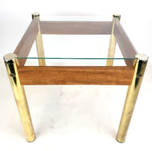 Mid Century Modern Brass Wood Side End Table W Glass Top 14 Sq Retro Furniture