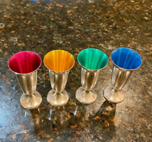 Set Of 4 Gorham Sterling Shot Glasses With Colored Enamel Inside