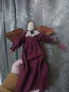 Folk Art Primitive Angel Doll Ooak Vintage Unusual Autumn Leaf Wings Neat