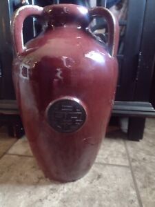 Large Flambe Glaxe Ox Blood Chinese Vase With Handles And Fortune Symbol