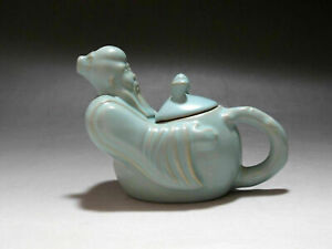 Ch685 Chinese Ru Kiln Porcelain Tea Pot Hand Carved Old Man Sculptu Ru Porcelain