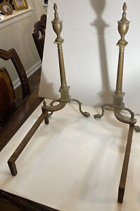 Vintage Antique Andirons Solid Brass Cast Iron Fireplace 23 Heavy Duty