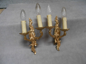 Pair French Vintage Bronze Wall Light Sconces Fixtures
