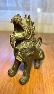 Antique Brass Bronze Foo Fu Dog Sculpture Tibetan Chinese Guardian Lion Mythical