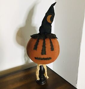 Primitive Folk Art Vintage Inspired Pumpkin Halloween Jack O Lantern Pedestal
