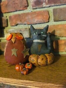 Primitive Ooak Folk Art Owl W Tag Kitty Cat Pin Keep Shelf Sitter Autumn Fall