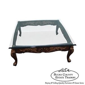 Quality Solid Mahogany French Style Carved Gilded Glass Top Coffee Table
