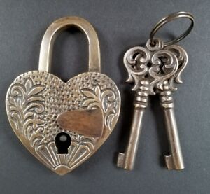  Heart Love Paris Padlock 3 3 4 Ornate Carving Vtg Style 2 Skeleton Keys L7