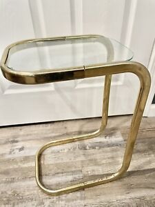 Vintage Milo Baughman Style Brass Color Metal Glass Cantilever Side Table Blh 