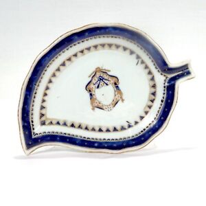 Old Or Antique Chinese Export Porcelain Armorial Tobacco Leaf Form Dish Plate