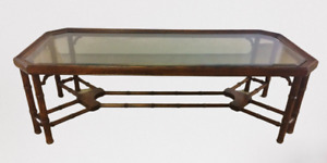 1970s Chinese Chippendale Faux Bamboo Smoked Glass Wood Coffee Table Vtg Drexel 