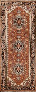Orange Black Geometric Heriz Serapi Indian Runner 3x8 Rug Wool Handmade Carpet