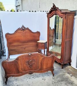 Solid Walnut French Louis Xv Bedroom Suite Set Armoire Bed Nightstand 3 Pc